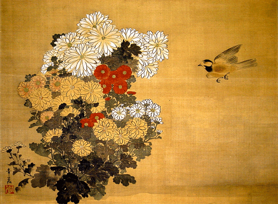 尾形光琳（方祝） 作『菊図』扇面 絵のサイズ 横約58.7㌢×縦29.5 